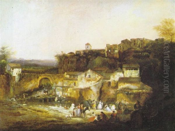 Vista De Un Pueblo Con Lavanderas Junto A Un Rio Oil Painting by Manuel Barron y Carrillo