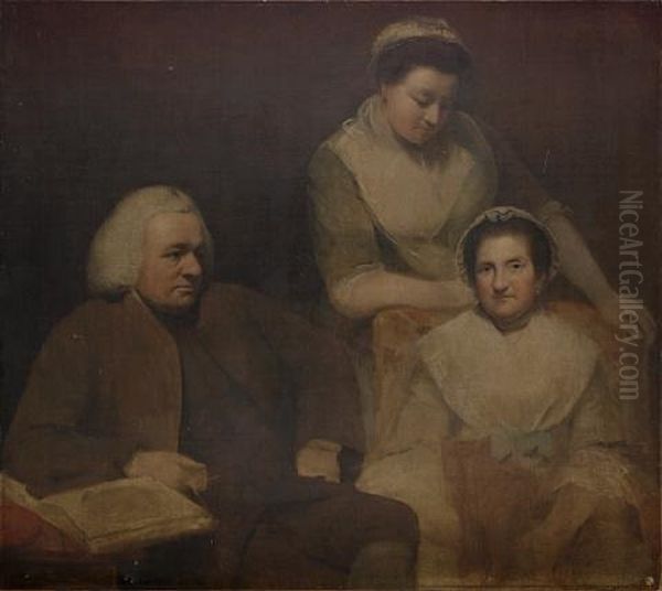 Portrait Of Dr. Samuel Johnson And His Wife, Elizabeth, Seated, With A Maidservant Standing Behind Oil Painting by Hugh Barron