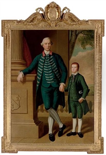 Portrait Of Charles Edwin Wyndham, In The Uniform Of A Ranger Of The Forest Of Dean, And His Son, Thomas Oil Painting by Hugh Barron