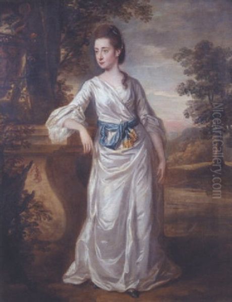 Portrait Of Miss Harvey Standing In A Landscape Wearing A White Silk Dress Tied Loosely At The Waist With A Blue Sash Oil Painting by Hugh Barron