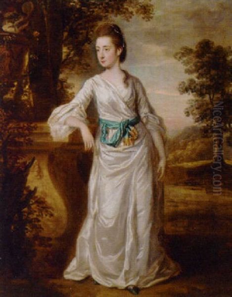 Portrait Of Miss Harvey In A White Dress And Blue Sash, Resting Her Arm On A Plinth, In A Landscape Oil Painting by Hugh Barron