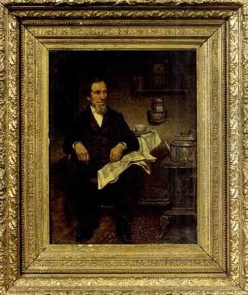 Man Seated By A Cast Iron Stove In A Kitchen Interior Oil Painting by John Dobson Barrow