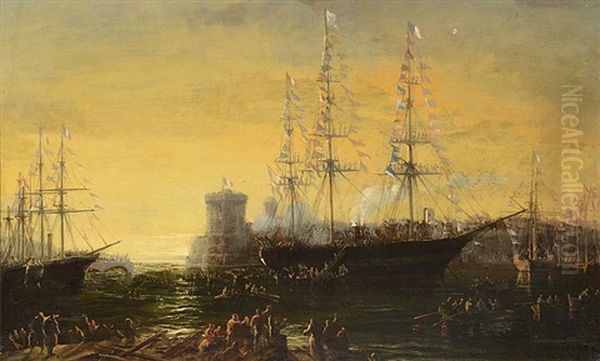 Bateaux Pavoises Dans Le Port De Marseille Oil Painting by Francois (Pierre Bernard) Barry