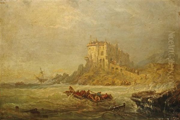 Bateau Sur Une Mer Agitee Devant Un Rivage Domine Par Un Chateau Fantastique Oil Painting by Francois (Pierre Bernard) Barry