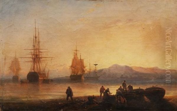 Caravelles Dans La Rade Oil Painting by Francois (Pierre Bernard) Barry