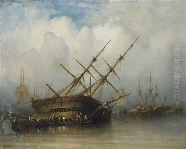 Le Bateau Echoue Oil Painting by Francois (Pierre Bernard) Barry