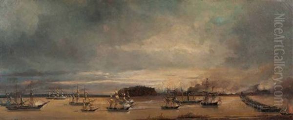 Le Combat Naval Devant Punto Obligado Le 20 Novembre 1845 (sketch) Oil Painting by Francois (Pierre Bernard) Barry