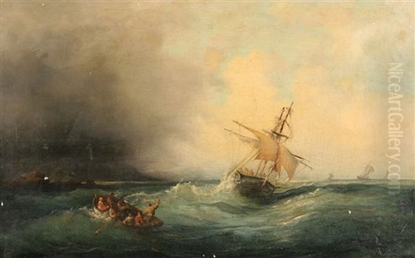 Boats In A Stormy Sea by Francois (Pierre Bernard) Barry