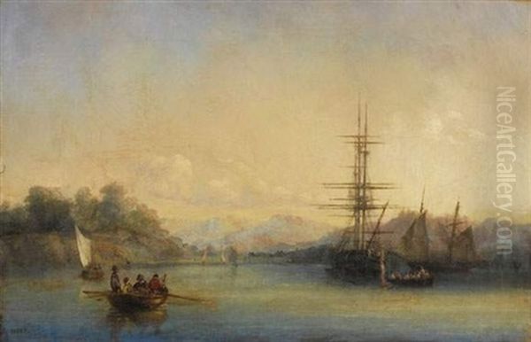 Paysage Orientaliste, Trois-mats Et Felouques Sur Le Fleuve Oil Painting by Francois (Pierre Bernard) Barry