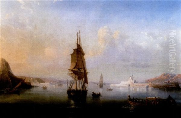 Soleil Levant Sur Un Port Mediterraneen Oil Painting by Francois (Pierre Bernard) Barry