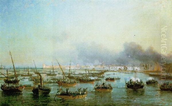 Batalla En El Puerto De Marsella El 16 De Julio De 1881 Oil Painting by Francois (Pierre Bernard) Barry