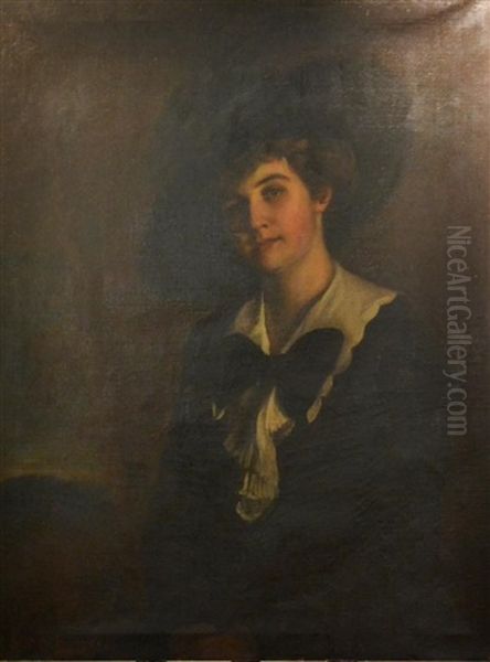 Portrait Of A Fashionable Lady, Head And Shoulders, Wearing A Wide Brimmed Black Hat, White Collar And Black Bow Tie At Her Neck Oil Painting by Gerard Barry