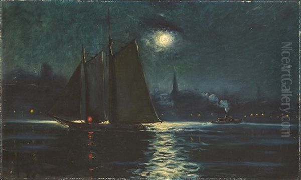 Moonlight, Inner Harbour, Boston Oil Painting by William Barry