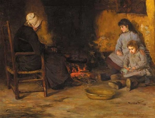 An Old Woman And Children In A Cottage Interior Oil Painting by William Barry