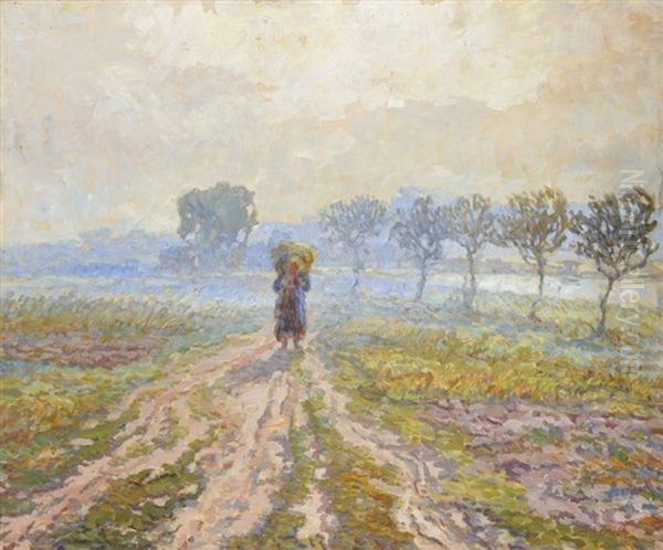 Woman On The Dirt Road Oil Painting by Josef Barta