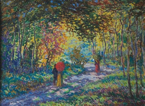 Autumn Walk In The Park Oil Painting by Josef Barta