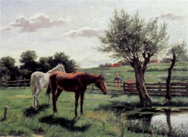 Sommerliche Weidelandschaft Mit Schimmel Und Braunen by Carl Olof Bartels