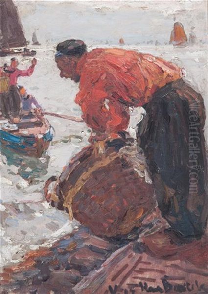 Fisherman On Shore Calling To Rowboat Oil Painting by Hans Von Bartels