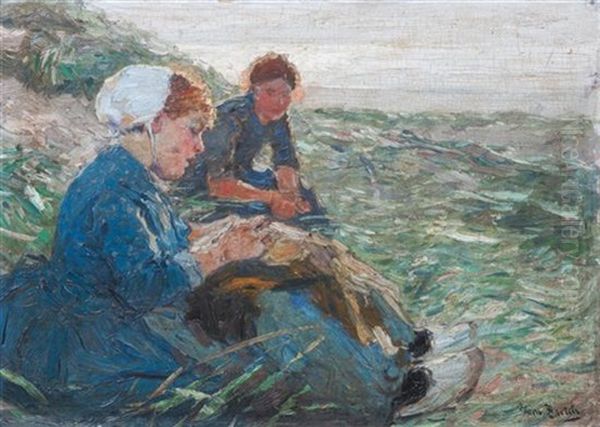 Two Peasant Girls In Field Oil Painting by Hans Von Bartels