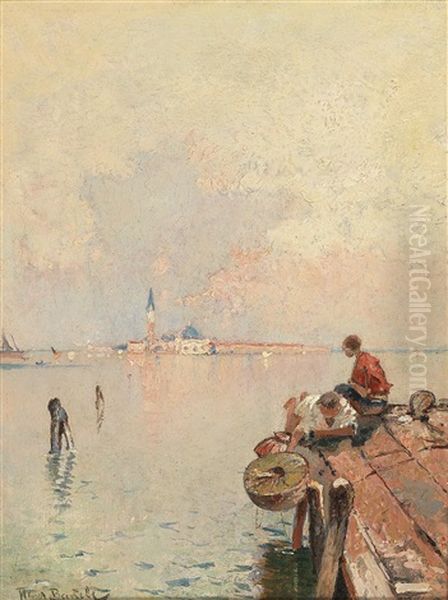 Fishermen On A Wooden Jetty Near Venice Oil Painting by Hans Von Bartels