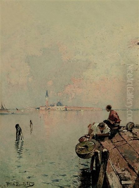 Fischerjungen Auf Einem Holzsteg Vor Venedig Oil Painting by Hans Von Bartels