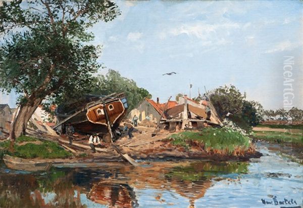 Ship Yard Near Bergedorf Oil Painting by Hans Von Bartels