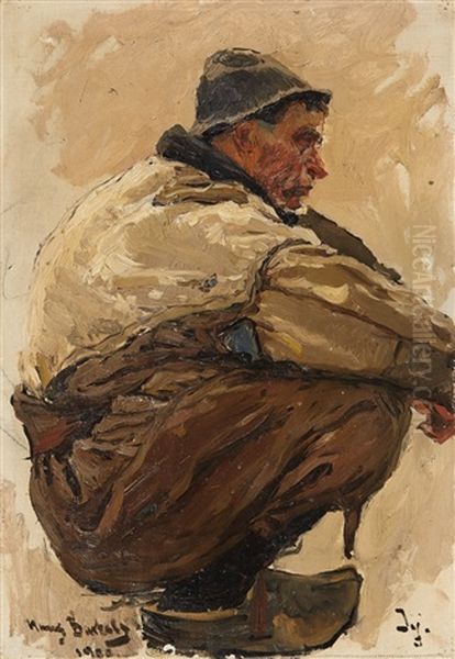 Oil Study Of A Crouching Fisherman Oil Painting by Hans Von Bartels