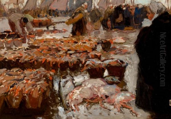 Fish Market Oil Painting by Hans Von Bartels