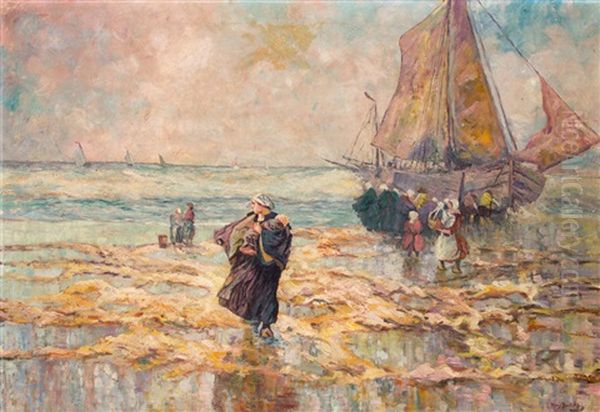 Fischersfrauen Am Strand Bei Ausfahrt Der Boote Oil Painting by Hans Von Bartels