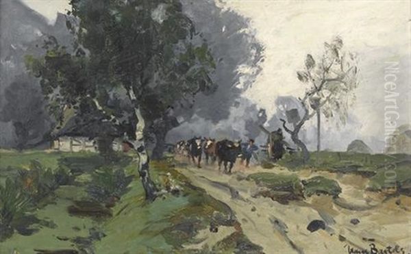 Bauer Mit Kuhherde Auf Einer Landstrasse Oil Painting by Hans Von Bartels