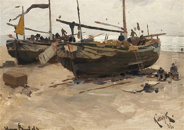 Aufliegende Boote Am Strand Von Katwijk Oil Painting by Hans Von Bartels