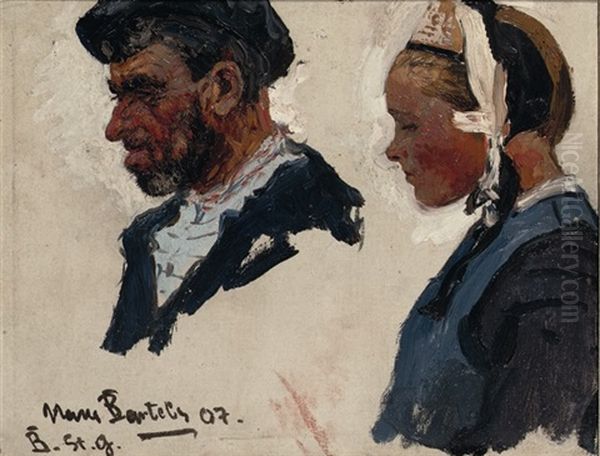 Portrait Studies Of Fisher Folk, Bretagne (+ Another; 2 Works) Oil Painting by Hans Von Bartels