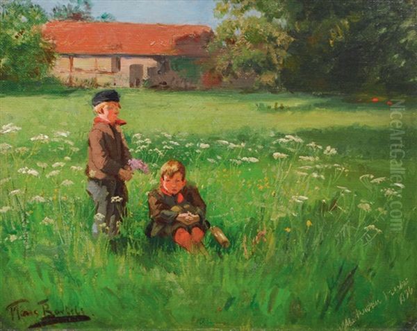 Children On A Hayfield Oil Painting by Hans Von Bartels