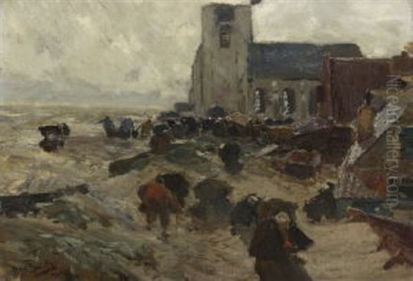 Hollandisches Kustendorf Im Sturm (katwijk?) Oil Painting by Hans Von Bartels