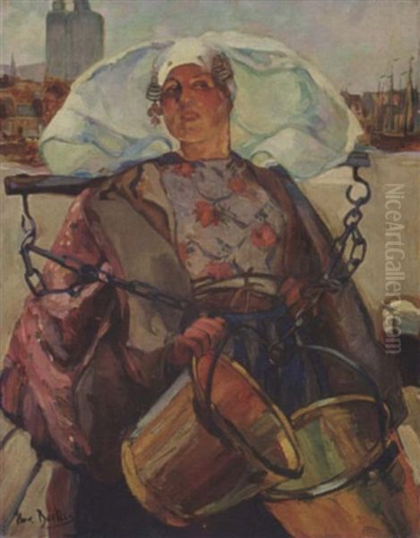 A Dutch Fisherman Carrying Buckets Oil Painting by Hans Von Bartels