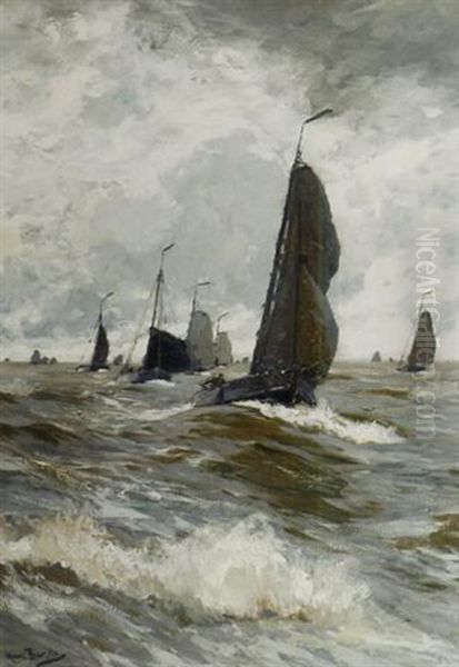 A Fishing Fleet In A Stiff Breeze On Teh Zuiderzee Oil Painting by Hans Von Bartels