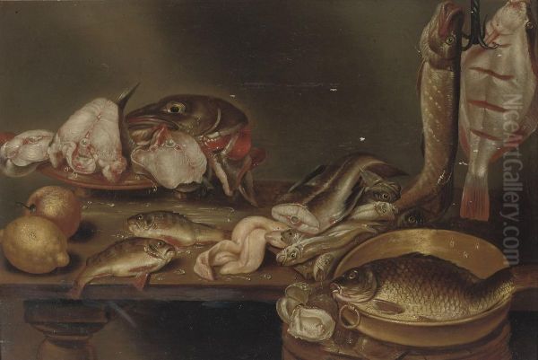 A Lemon, Peach, Fish Heads On A Plate, A Pike And Flatfish On A Hook And Eels, All On A Wooden Table Oil Painting by Alexander Adriaenssen