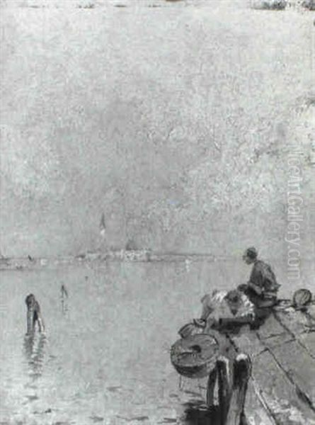 The Venetian Lagoon With Two Boys On A Jetty Oil Painting by Hans Von Bartels