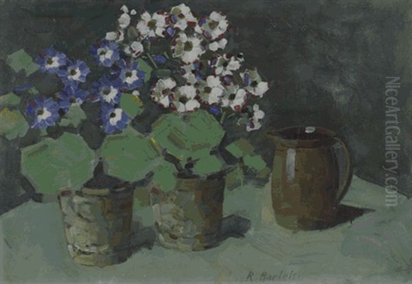 Stilleben Mit Zwei Cinerarien In Blumentopfen Und Milchtopf Oil Painting by Rudolf Bartels