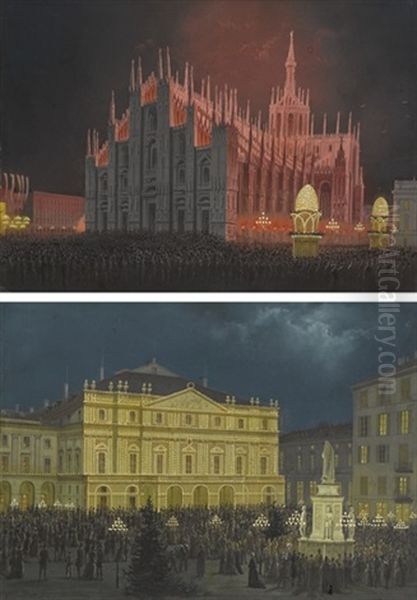 Veduta Notturna Di Piazza Del Duomo E Piazza Della Scala, Milano (+ Another; 2 Works) Oil Painting by Luigi Bartezzati