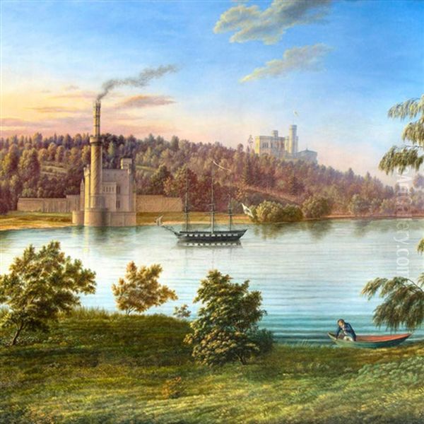 Ansicht Des 'schlosses Babertsberg Bei Potsdam', Heute Babelsberg In Potsdam, Blick Uber Die Havel Auf Das Schloss Im Gleichnamigen Park Mit Dem Dampfmaschinenhaus Im Vordergrund Oil Painting by Johann Wilhelm Gottfried Barth