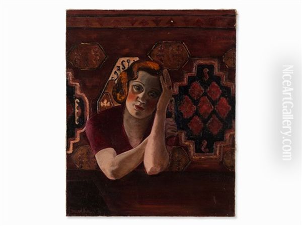 Female Portrait In Red Oil Painting by Victor Barthe