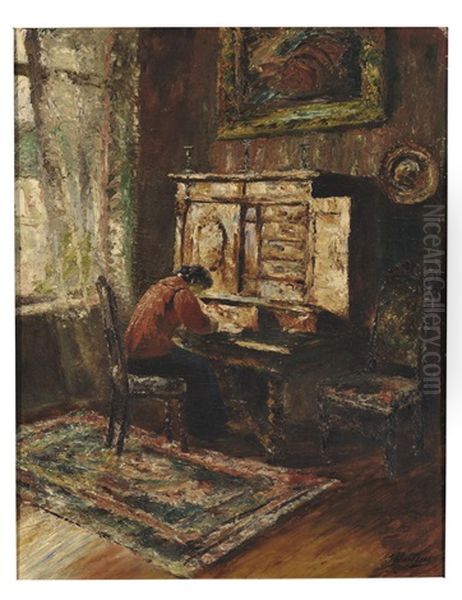 Interieur Mit Dame Am Schreibtisch Vor Geoffnetem Kabinettschrank Oil Painting by Paul Barthel