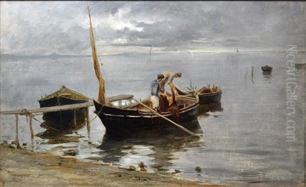 Figures Inspecting Nets Aboard A Small Wooden Fishing Boat Oil Painting by Jacques Barthelemy