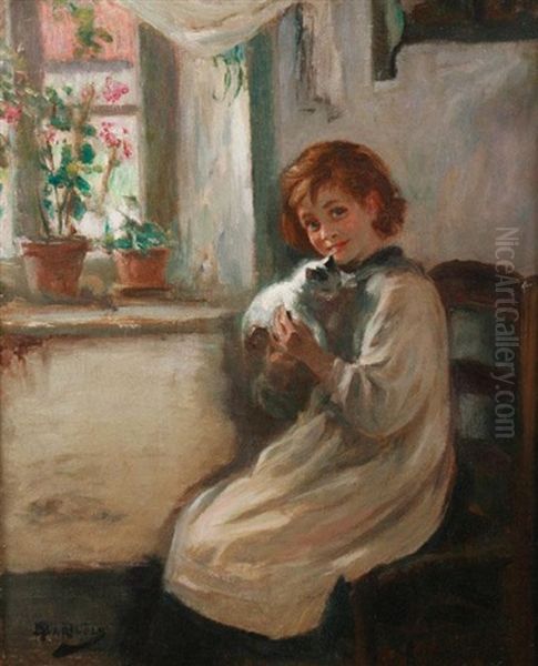 Young Girl With Kitten Oil Painting by Manuel Barthold