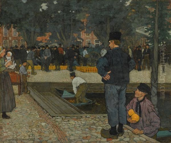 A Dutch Cheese Market Oil Painting by Charles William Bartlett