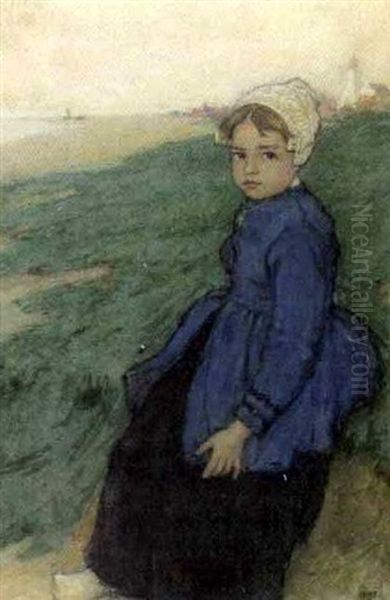 Portrait De Fillette Hollandaise - Madeleine Daye A 6 Ans Oil Painting by Charles William Bartlett