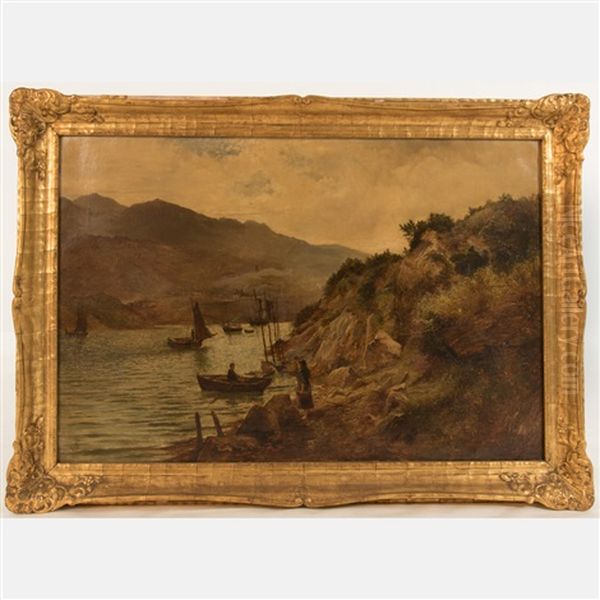 River Landscape With Figures And Boats Oil Painting by William Henry Bartlett