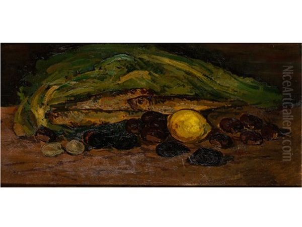 Stillleben Mit Fischen Und Fruchten Oil Painting by Giovanni Bartolena