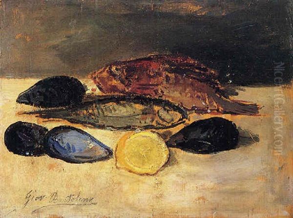 Natura Morta Con Pesci, Cozze E Limone Oil Painting by Giovanni Bartolena